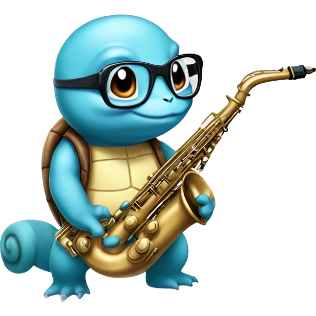 Squirtle from Pokemon with glasses and a saxophone emoji