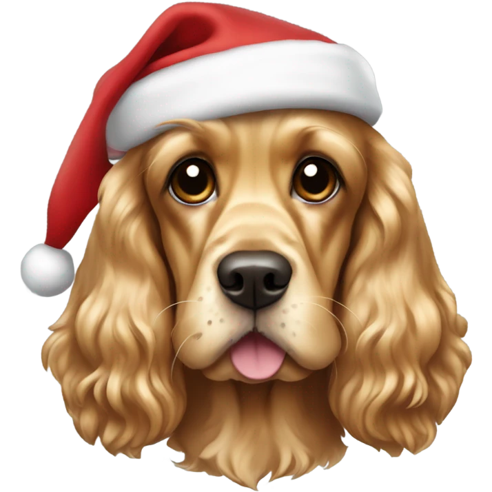 golden English cocker spaniel wearing a Santa hat emoji