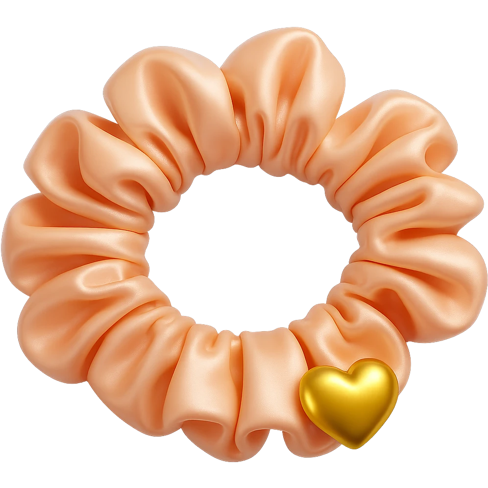 Add a small gold heart charm to the pastel pink silky scrunchie, keep the 3D emoji style and shimmer effect. The style is 3D emoji with a shiny, smooth, and realistic look. Remove the background. emoji