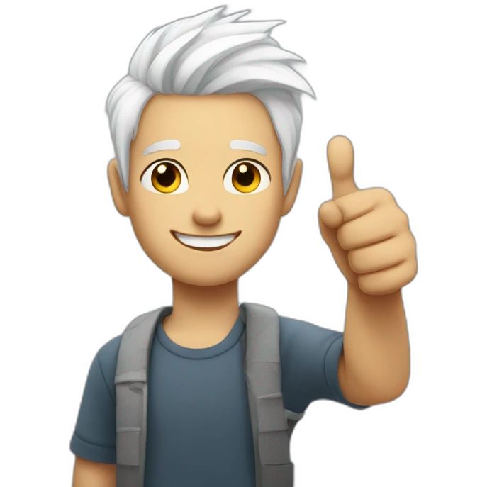 boy with dyed white hair, long on top and short on the sides doing thumbs up emoji