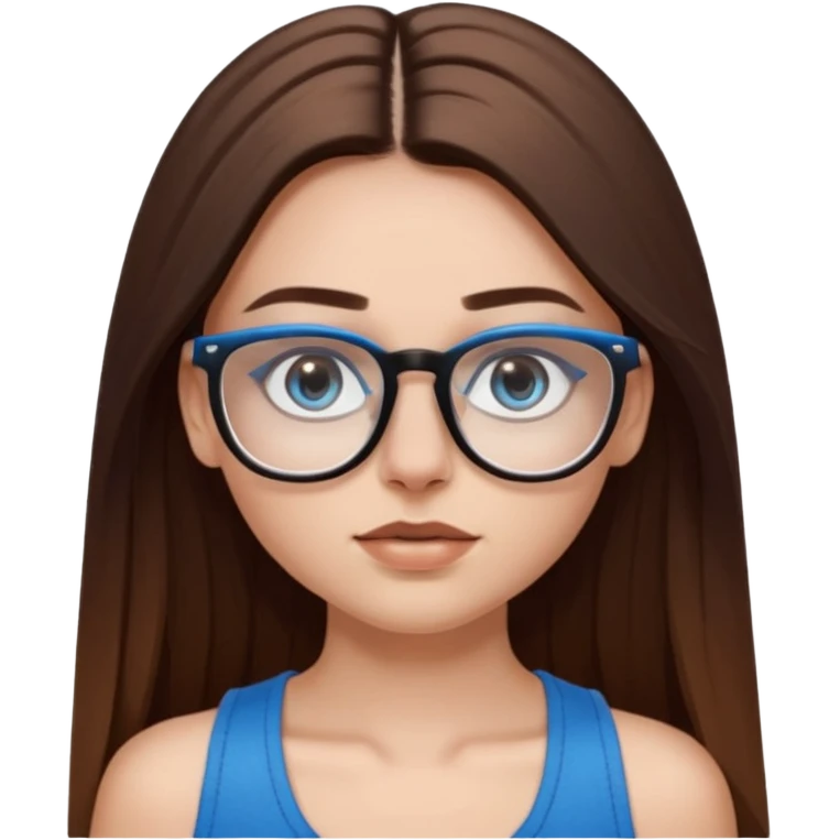 White girl with long straight brown hair and blue eyes wearing plastic frame glasses that go from black to clear ombré from top to bottom. Stud nose piercing on right side of nose and a septum piercing (the ring on bottom of nose). Wearing black tank top. emoji