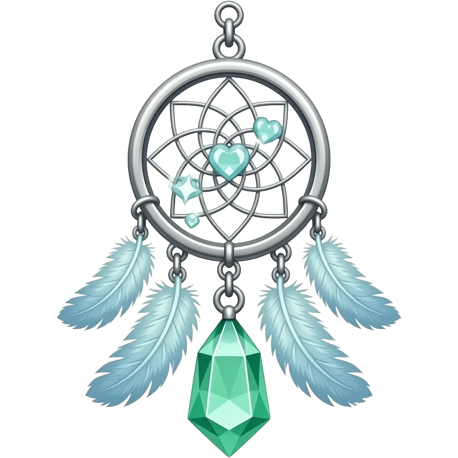Blue-lime-greenish and silver cold-cool-colored romantic lush beautiful pretty hanging crystal-catcher aesthetic with hearts and sparkles and feathers emoji