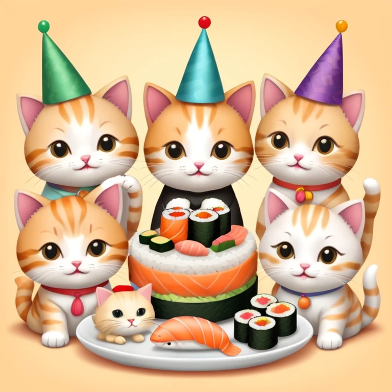 Nine kitties enjoying sushi birthday feast emoji