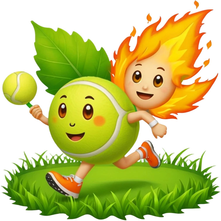 cartoon characters from bfdi, including a leaf, fire, and tennis ball, happily running in a grassy field emoji