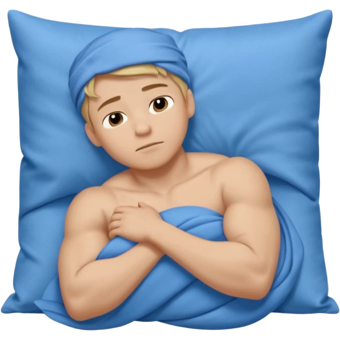 A young muscular male with short dark-blonde hair, medium-light skin, and a neutral expression, dressed in blue cloth. He lies on his side, arms around a soft white pillow, with his head on a smooth blue pillow. A flowing blue blanket covers him in silky folds. emoji