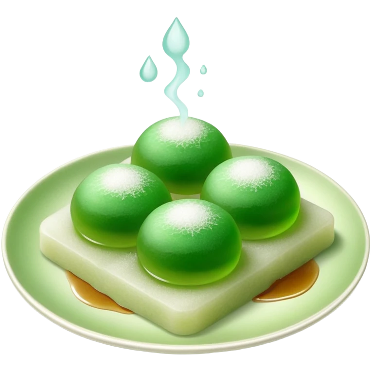 four green spherical warabi mochi on the plate emoji