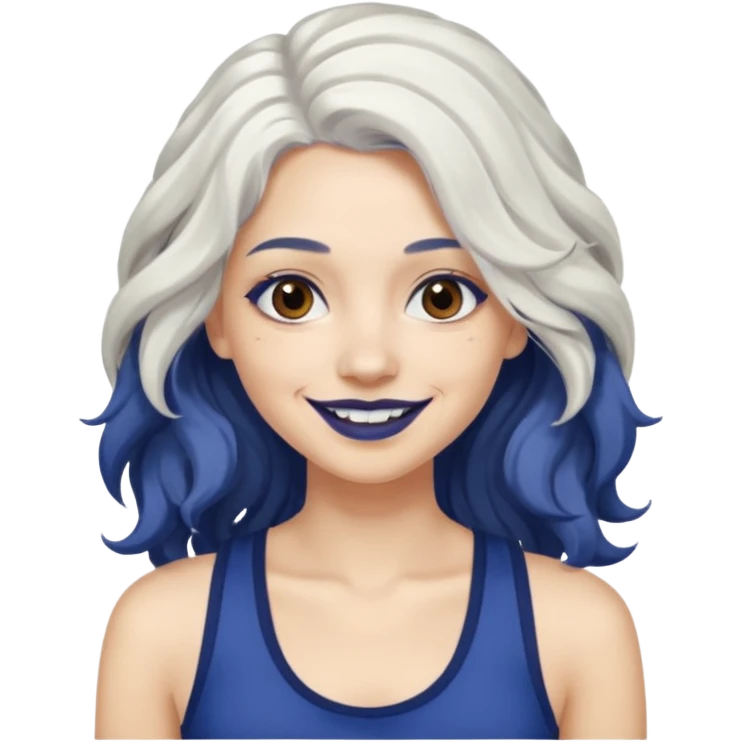 woman with wavy long white hair and brown eyes. She has dark blue lipstick. smiling in a grunge tanktop emoji