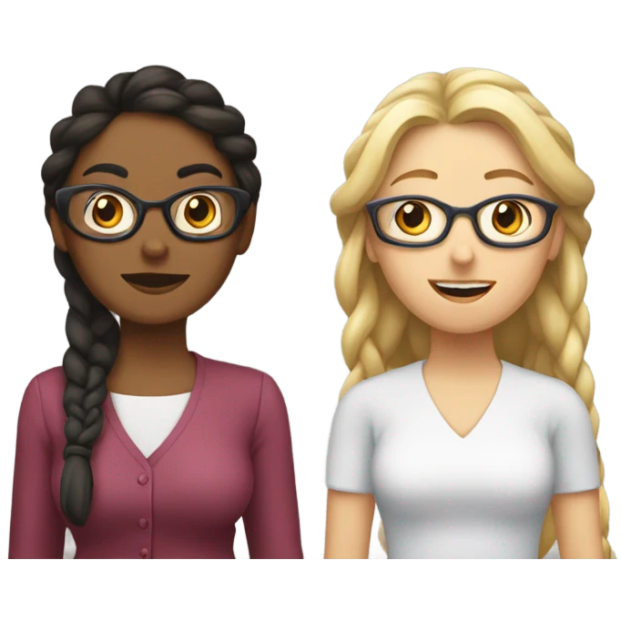 A brunette woman and a blonde woman with a braid and glasses staring at each other awkwardly emoji