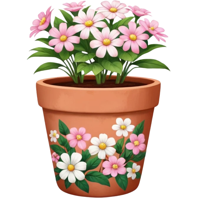 plant pot in terra cota with white and pink flowers print painted on the pot emoji