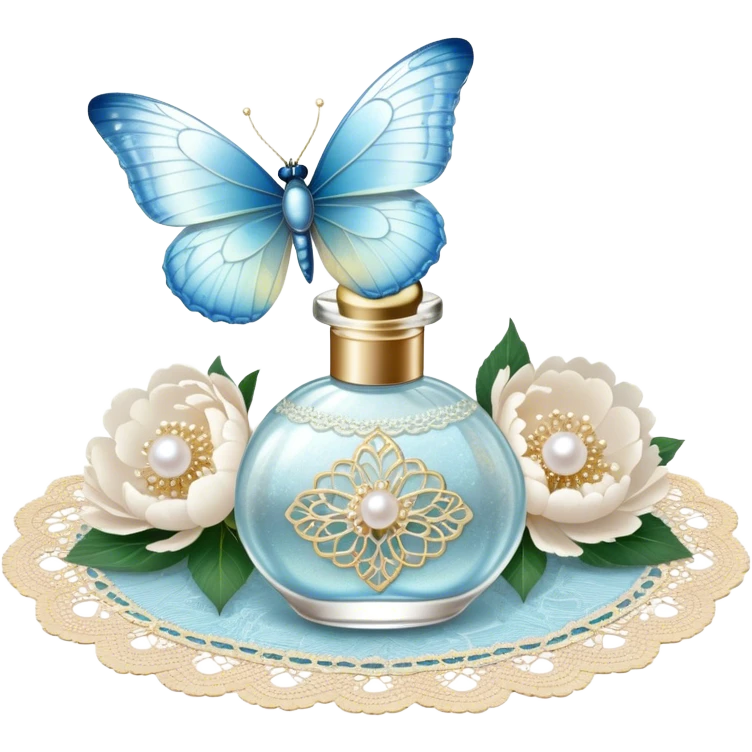 A delicate glass perfume bottle with an iridescent pearl finish rests on a vintage lace doily. A pale blue butterfly flutters nearby, its shimmering wings catching the soft golden light. Scattered white peony petals and a string of pearls add a touch of timeless elegance. emoji