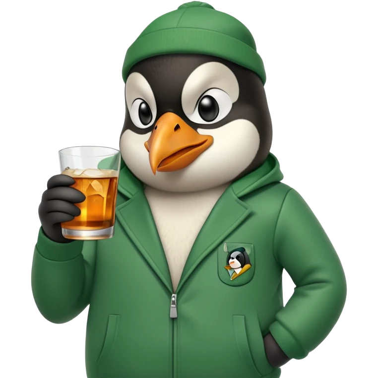 head and shoulders portrait of a friendly anthropomorphised penguin wearing a green mafia-style tracksuit, angry intense brooding expression, holding a glass of whiskey emoji