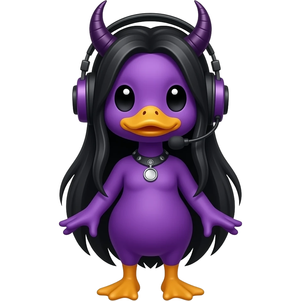 goth women duck, with long black hair, headset without a mic and horns , make it purple and remove the microphone, remove the mic on the headset and make her a DJ a duck DJ emoji
