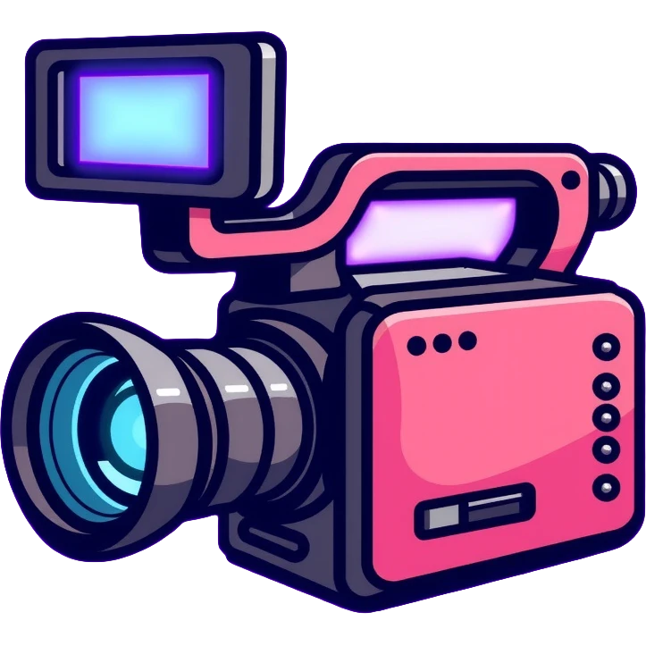 videographer's camera in pink color, with neon glow lines, blue neon glow on top left, purple neon glow on bottom right emoji