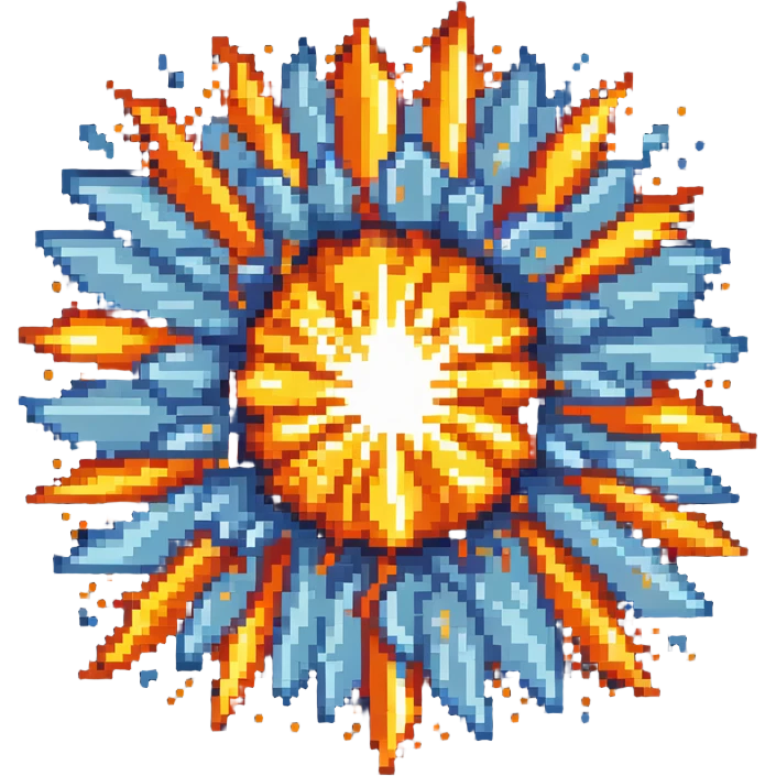 Bomberman explosion center tile animation frame 1, slightly smaller bright fiery explosion core, yellows and oranges, clean pixel art edges, beginning of explosion emoji