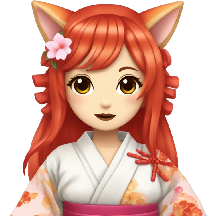 hime gyaru girl, kimono, red hair, kitsune mask emoji