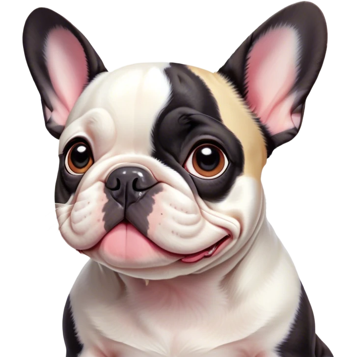 Cinematic Cute Pied French Bulldog Portrait Emoji, Head tilted with a sweet, mischievous grin and large, inviting eyes, featuring a unique pied fur of contrasting colors, simplified yet irresistibly endearing, highly detailed, glowing with a warm, playful radiance, high shine, exuding a quirky charm and affectionate personality, styled with a soft, lighthearted outline, capturing the essence of a cute Pied French Bulldog that looks ready to charm its way into your heart! emoji