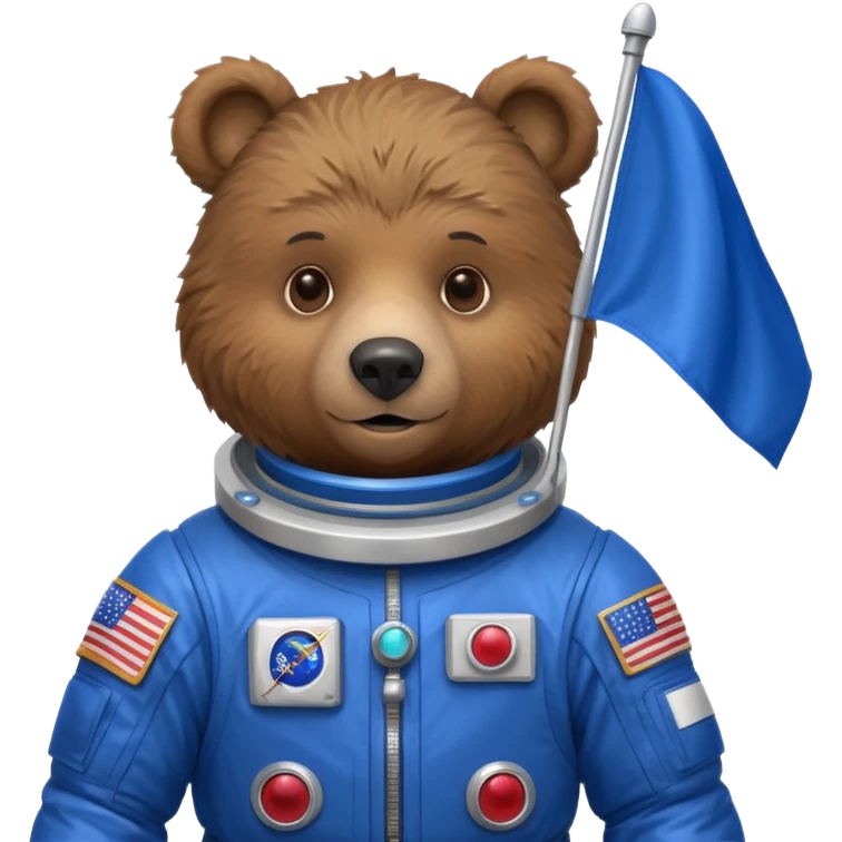 Brown bear in space suit, holding blue rectangle flag emoji