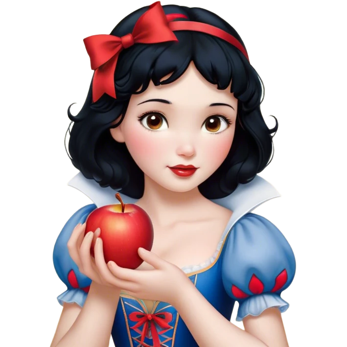 Cinematic Realistic Snow White Portrait, depicted with lifelike skin texture, soft natural lighting, and intricately detailed black hair styled with a red ribbon. Her soft brown eyes radiate innocence and kindness, complemented by a warm, gentle smile. She holds an apple in one hand, her other hand resting against her cheek, embodying her purity and charm. She is dressed in her classic yellow, blue, and red gown, the fabric rich in texture with delicate folds that catch the light beautifully. The portrait features a soft, natural glow with a radiant finish, capturing the essence of timeless beauty in a realistic and painterly style. emoji