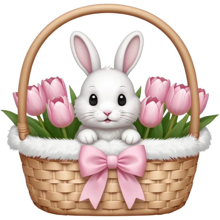 A white Picnic basket with light pink bow, white peonie, tulips and a white rabbit inside emoji