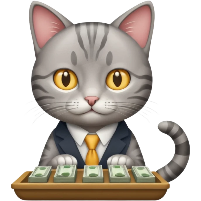A business cat counting money, looking focused emoji
