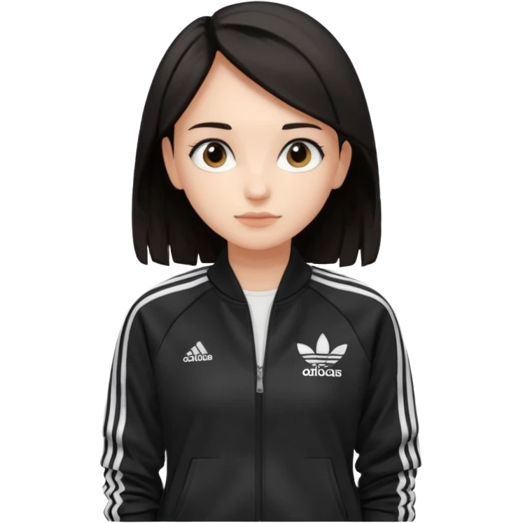 A girl with  medium-length, dark hair, fair skin. The style is a soft, layered cut that falls around her shoulders. wore black Adidas track jacket with white stripes on the sleeves. It has a full zipper down the front, a stand-up collar, and the Adidas logo on the right chest emoji emoji