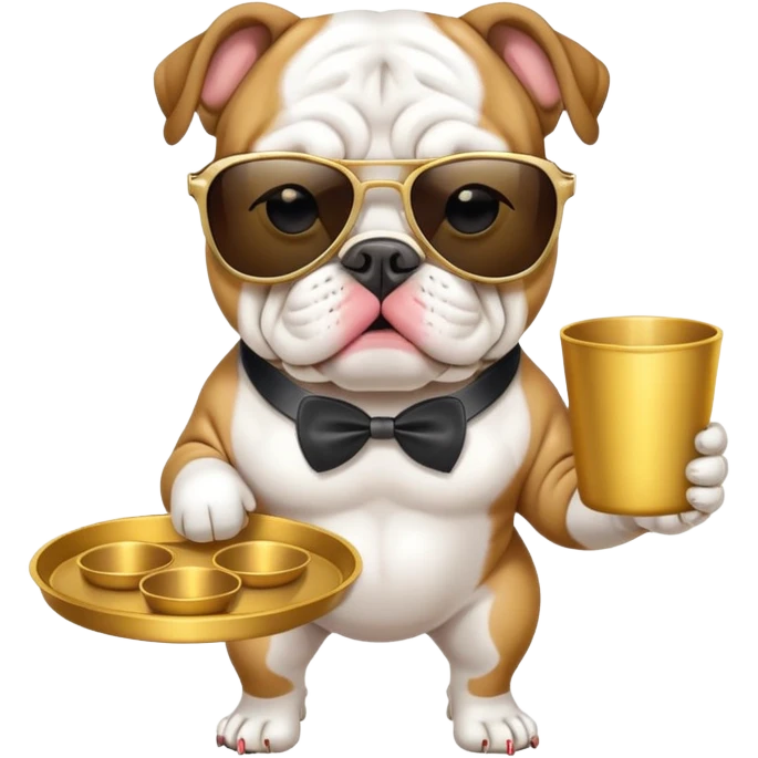 Bulldog key holder wearing sunglasses and holding a golden tray emoji