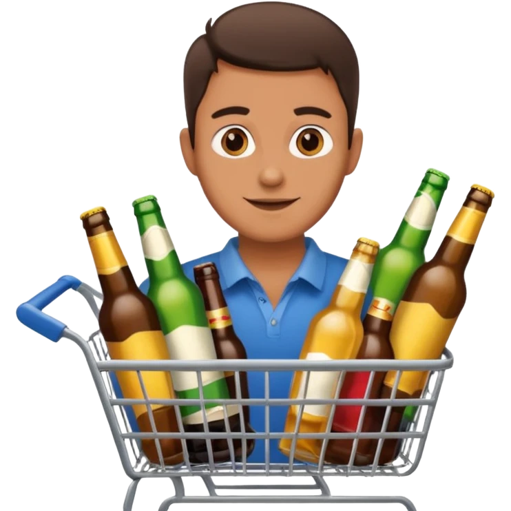 man with a shopping cart full of beers and wines emoji