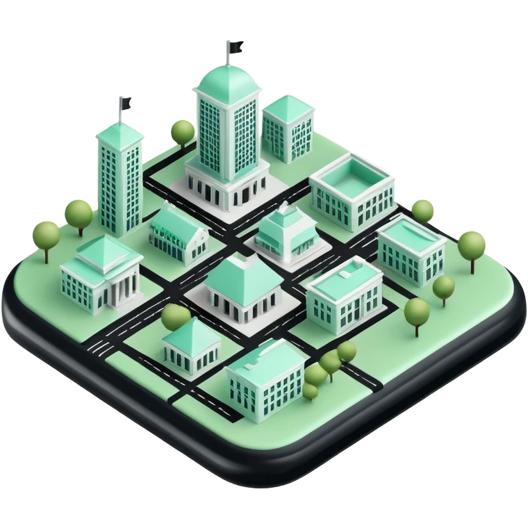 Collectivités Territoriales (Local Authorities), 3D techy icon with black and mint green (#B5F4D3) color scheme, regional map with administrative buildings emoji