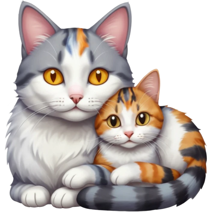 grey and white cat cuddling a colourful light patched calico + white tabby cat emoji