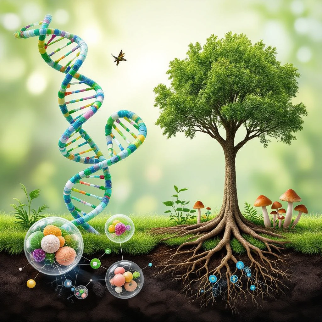 A realistic biological illustration (like in a school book) showing: DNA strands transitioning into a tree, cells with visible organelles, neurons connected to plant roots  and a balanced ecosystem background . Seamless integration, no labels or borders, white background, detailed but minimalist.  emoji