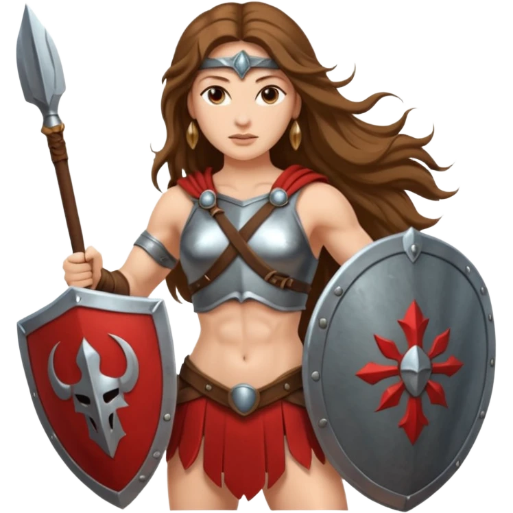 long haired woman spartan warrior holding spear and shield emoji