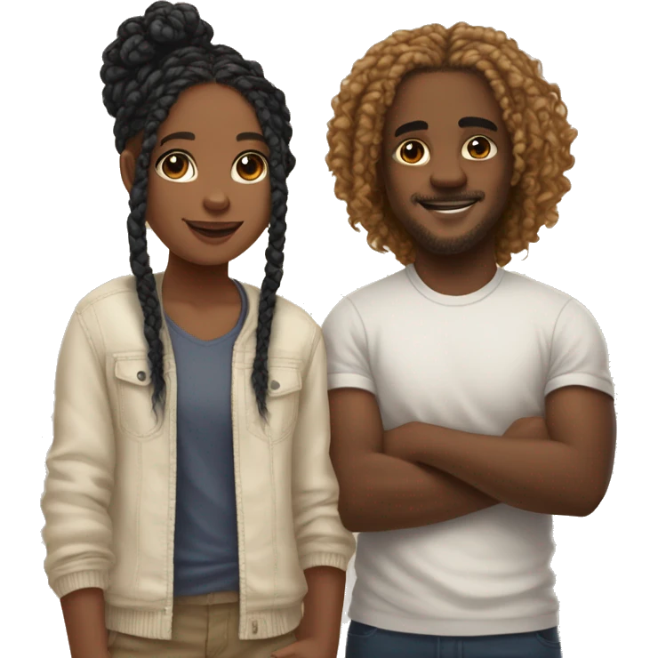 Realistic black girl with box braids and light skin boy with short curly hair and a short beard hugging emoji