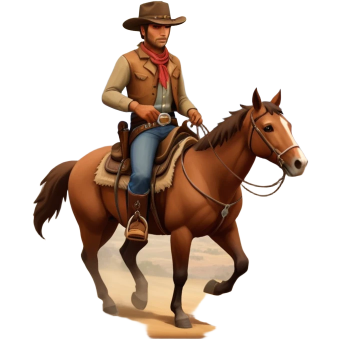 An icon representing an adventure game, inspired by Red Dead Redemption II. The design features a rugged cowboy riding a horse through a vast, open landscape with mountains, deserts, and wild animals. The atmosphere conveys exploration, action, and the thrill of the journey. Transparent background emoji