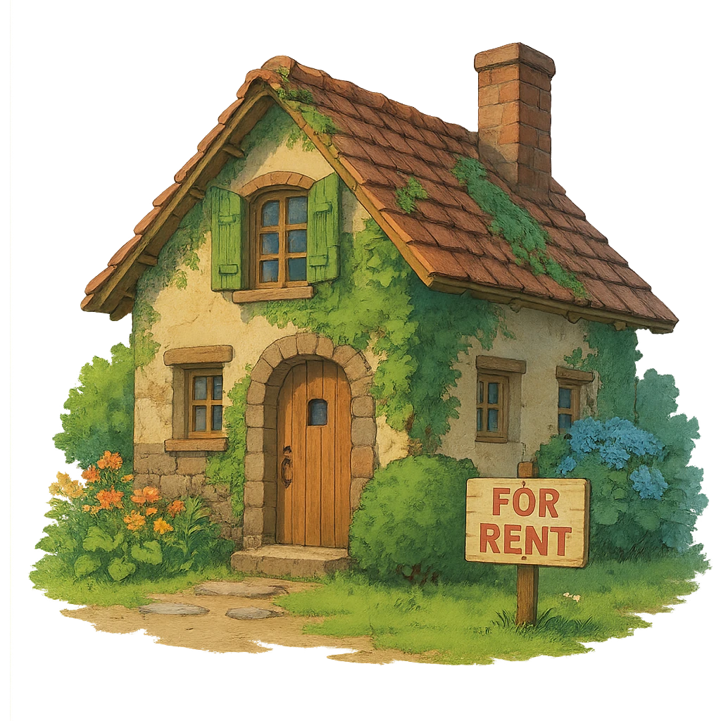 cozy house with a 'for rent' sign emoji