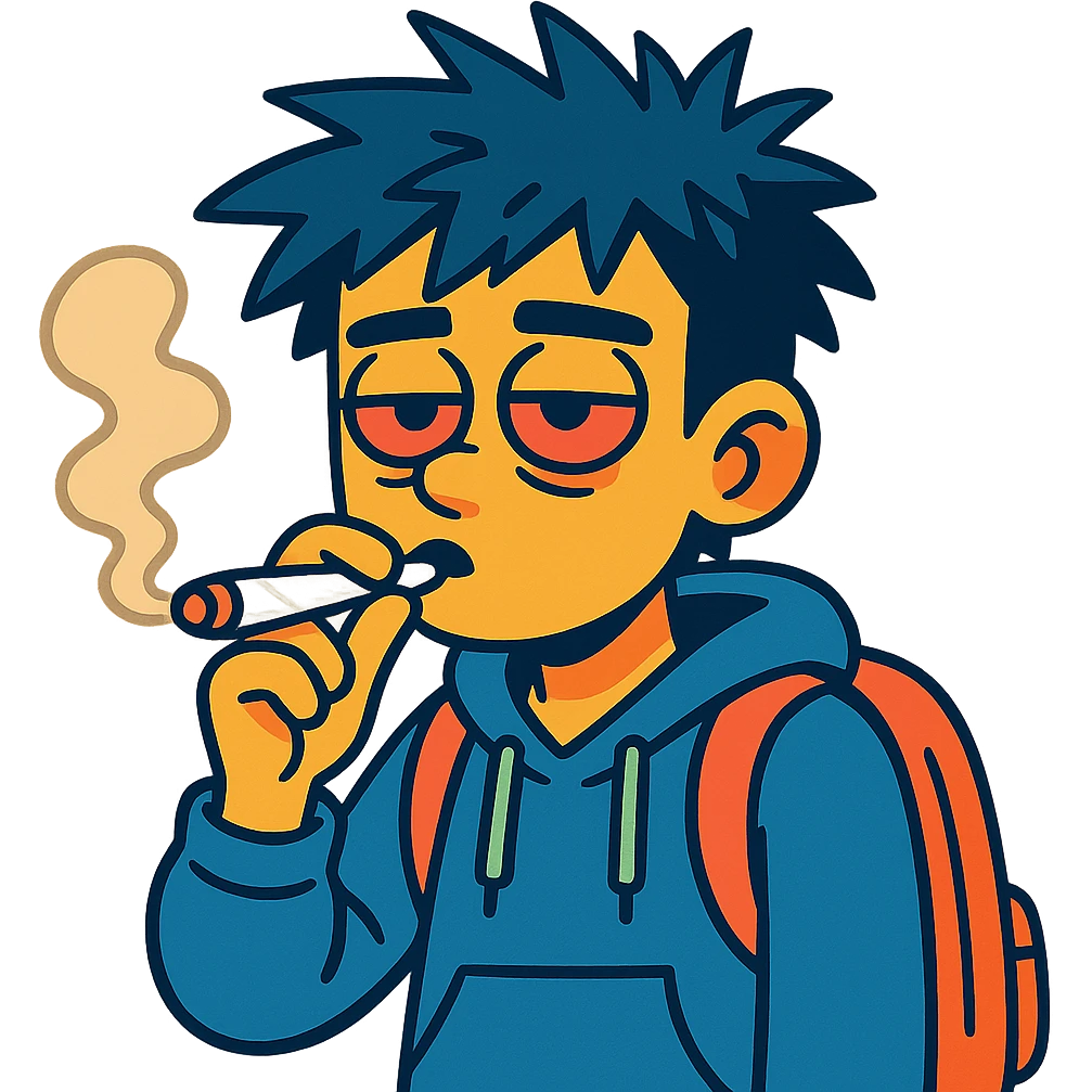 student with messy hair, red eyes, holding a joint emoji