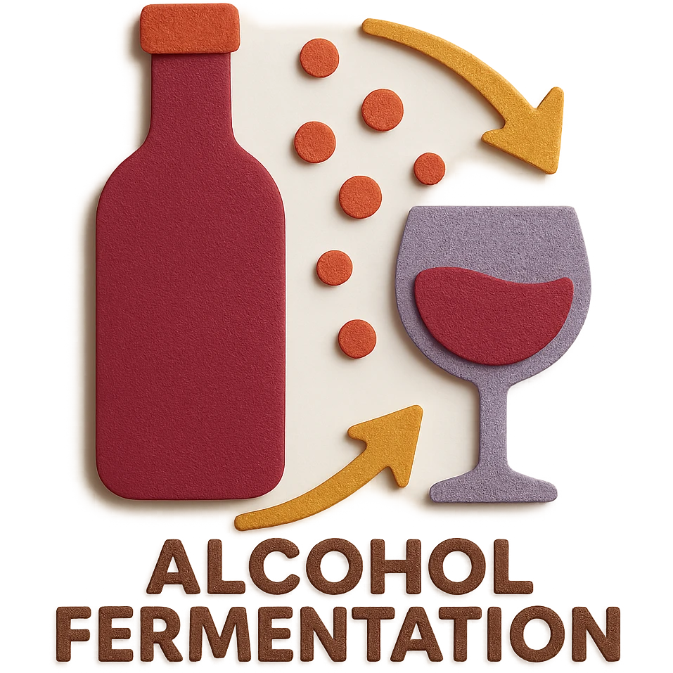 Add the English text 'Alcohol Fermentation' at the bottom of the icon in paper craft style with no background. emoji
