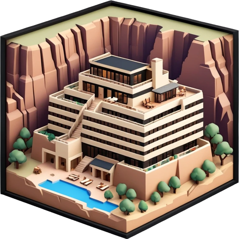 Grand Canyon National Park lodge, isometric exterior, dollhouse-style, realistic emoji