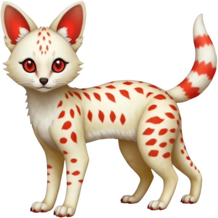 White Albino light spotted Serval-Civet-Genet-Trico-Furret-Linoone-Fakémon-Pokémon-animal-hybrid-fusion-creature (full body) with glowing red eyes, cute, elegant, soft, realistic, pastel fur emoji