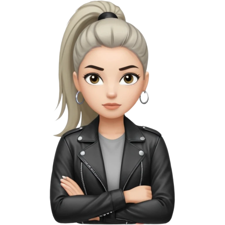 สีตาสีเทาอ่อน มีประกายคม
คิ้วได้รูป มองแล้วดูสตรอง
ผมหางม้าสูง
ลุคสตรีทแฟชั่น
ท่าโพสกอดอก
ฟีล: Girl Boss, cool beauty, minimal but powerful emoji