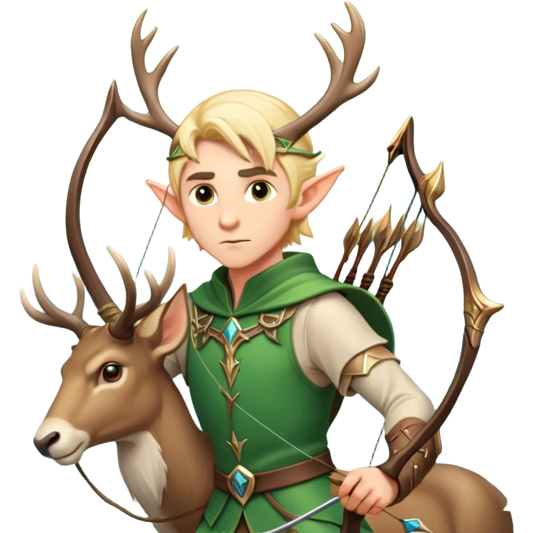 clash-of-clans-aesthetic-blond-male elf-archer-portrait-emoji, rendered in a flat, vector-style with minimal shading and bold holding his bow, simplified shapes, head tilted slightly forward with a determined, focused expression, riding a majestic stag whose antlers glow with mystical energy, set against an ancient, enchanted forest backdrop. emoji