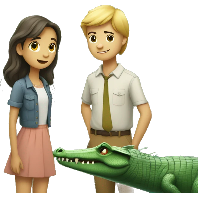A girl and a guy meeting by and tree and behind the tree and a crocodile secretly watching emoji