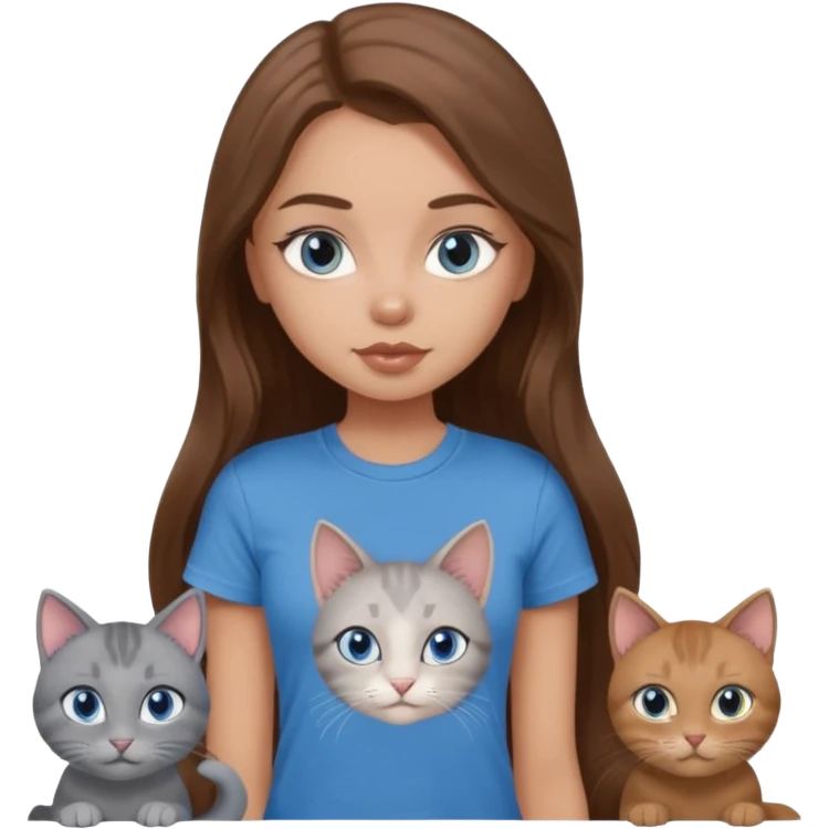 a pretty bratz dusky light skin girl with long brown hair, blue eyes with six cats nd wearing a grey tshirt emoji