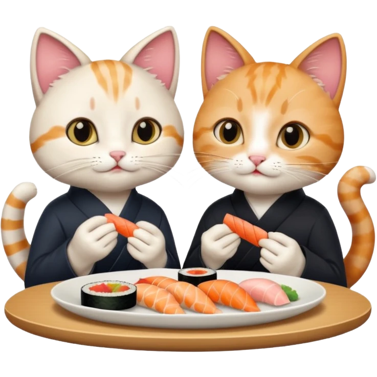 cute girl cat and a cute boy cat eating sushi together emoji