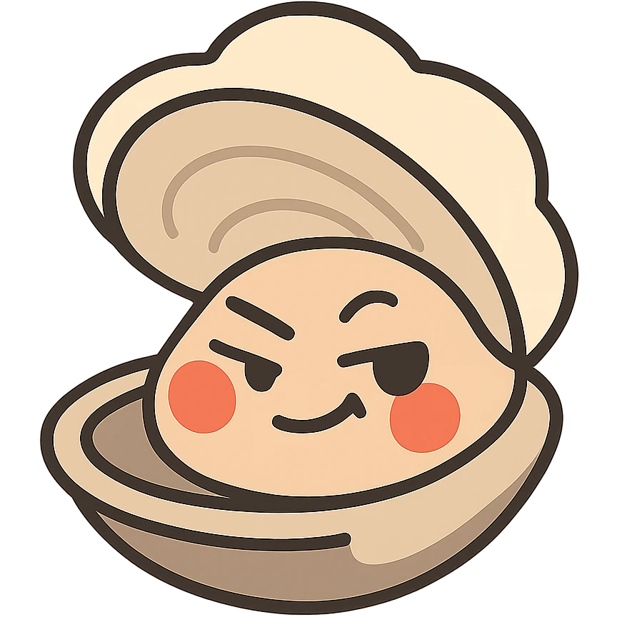 Create a cute oyster with a winking and malicious expression, very red cheeks, inspired by the reference image. Use pastel toon style with cream and greige colors. Make the background transparent. emoji