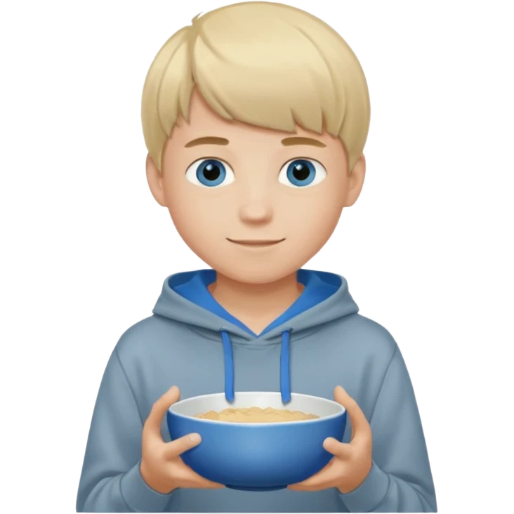 Teen boy with blue eyes and Grey hoodie standing up with blond short bowl cut emoji