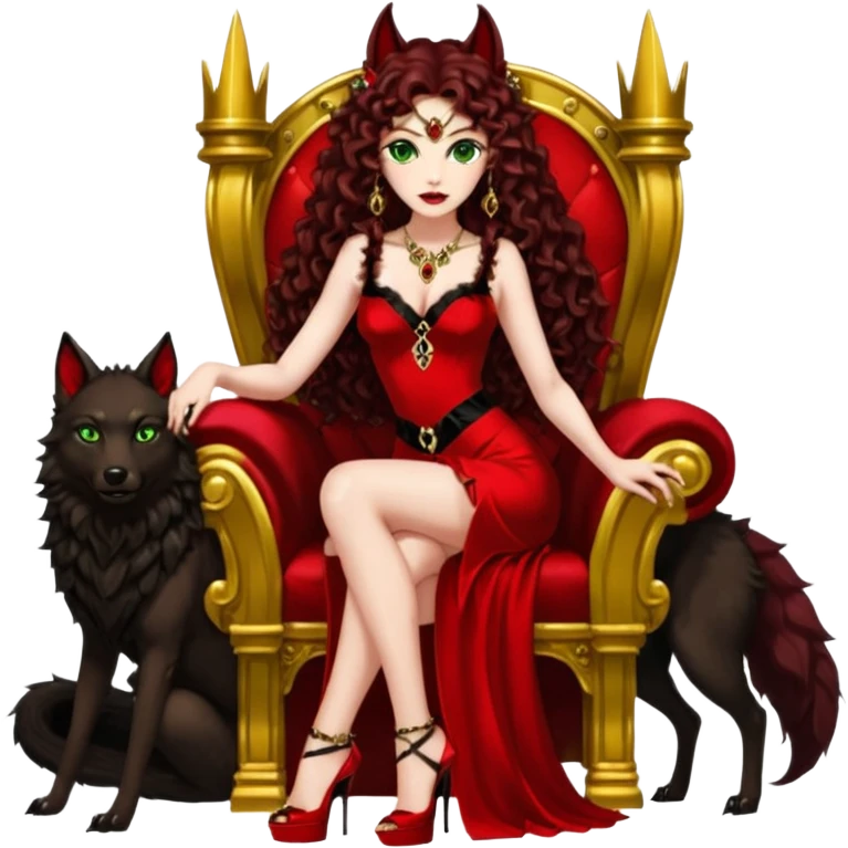 Lilith green eyes, symbol seductress evil brown curly long hair haired, sexy succubus woman with red and black Chanel dress on. A red and black stiletto platform high heel shoes on. sitting on a Black and gold throne. A large black fur wolf sitting beside her. Red rubies surround them both emoji