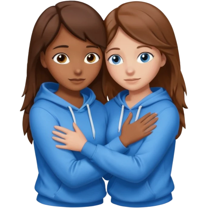 two Girls, Brown and Blonde hair, with Blue Eyes hugging one has Brown hair cute Hug another Version  Both Blue eyes and white hoddies emoji