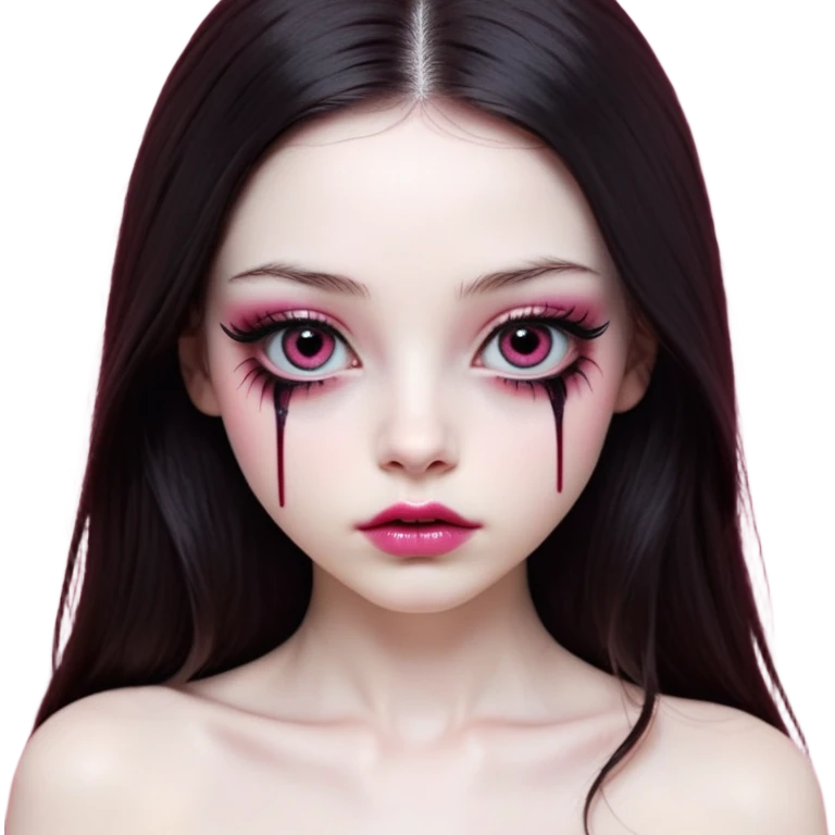 girl with white skin, dark brown long realistic straight hair with middle part prominently falling in front of her body over her shoulders, lips with reddish-pink shiny lip gloss and absolutely no cupid's bow, big round eyes with very black shiny eyeballs and natural long eyelashes, absolutely no eye makeup, no eyeshadow, no eyeliner, completely bare eyes, light pink blush on cheeks, lighter button nose, exceptionally elongated very long oval-shaped face, wearing a pink off-shoulder top, looking directly at camera with hands down at sides emoji
