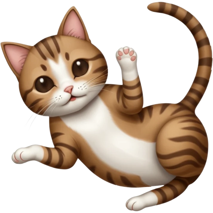 dark brown tabby and white small cat in funny positions upside down with eyes closed emoji