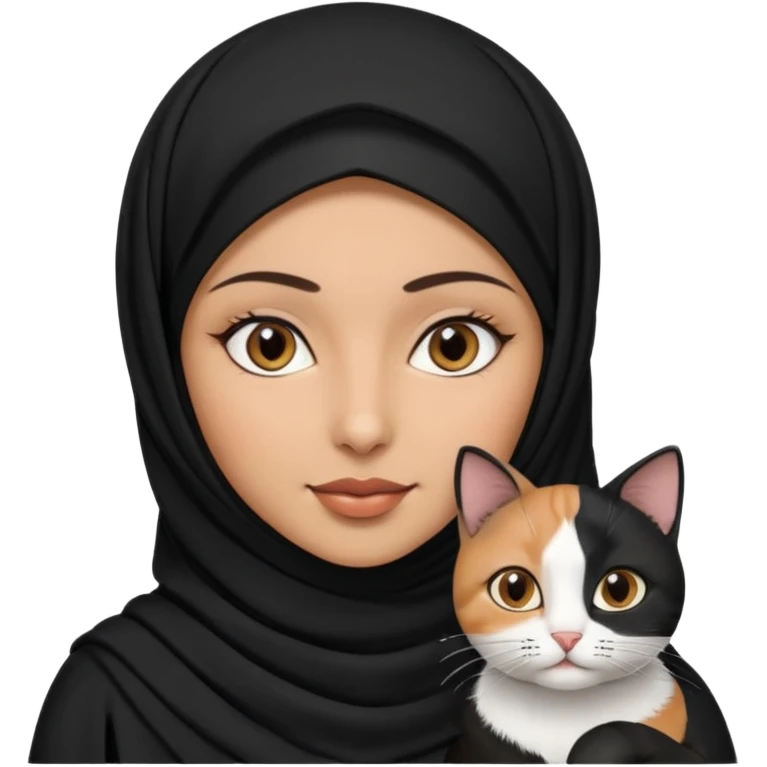 A Arabic woman human with brown eyes and black hijab. , the human is a human, two cats, the both cats is blackwhite,,  NO CAT EARS ON THE HUMAN ,  emoji
